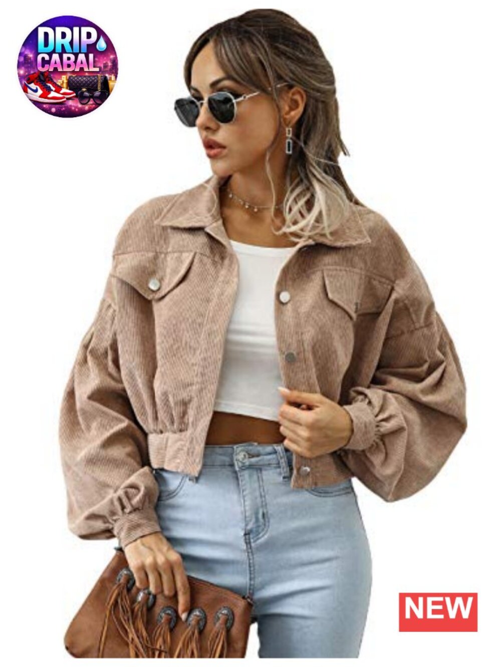 Corduroy Cropped Jacket Loose Button Down Puff Sleeve Shacket Coat